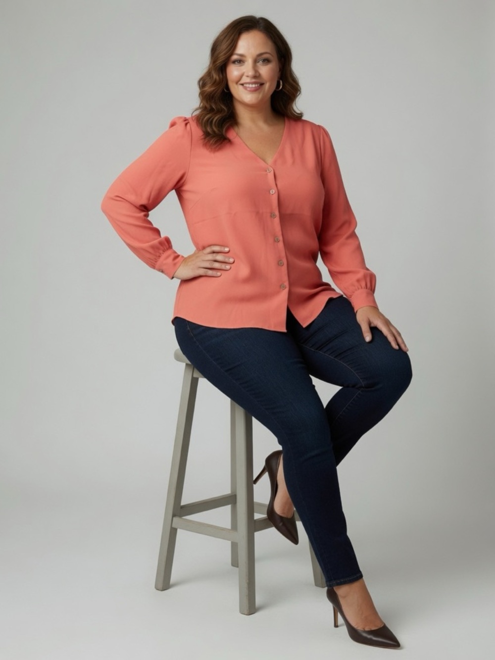 Zenana Premium coral Button-Front V-Neck Blouse sz xl